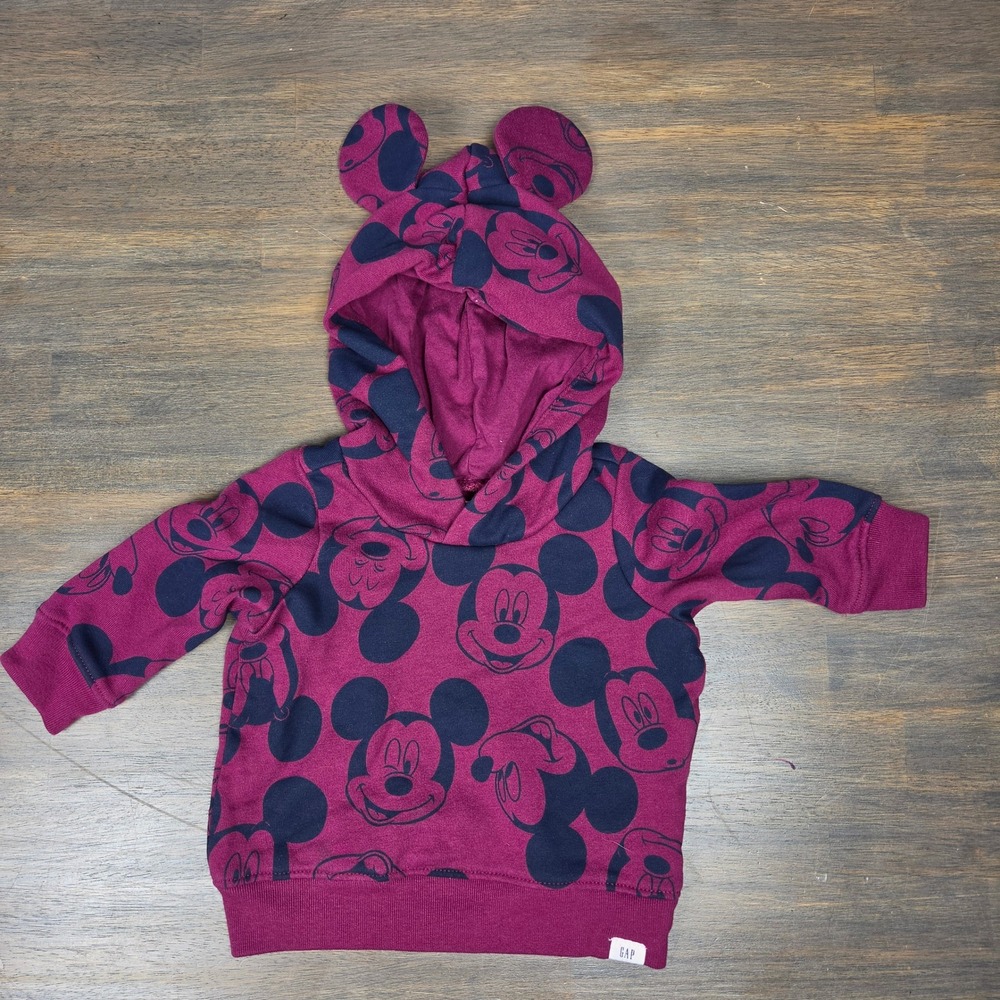 Baby Gap Unisex 3-6M Hoodie Disney Mickey Mouse 3D Ears Fleece Burgundy